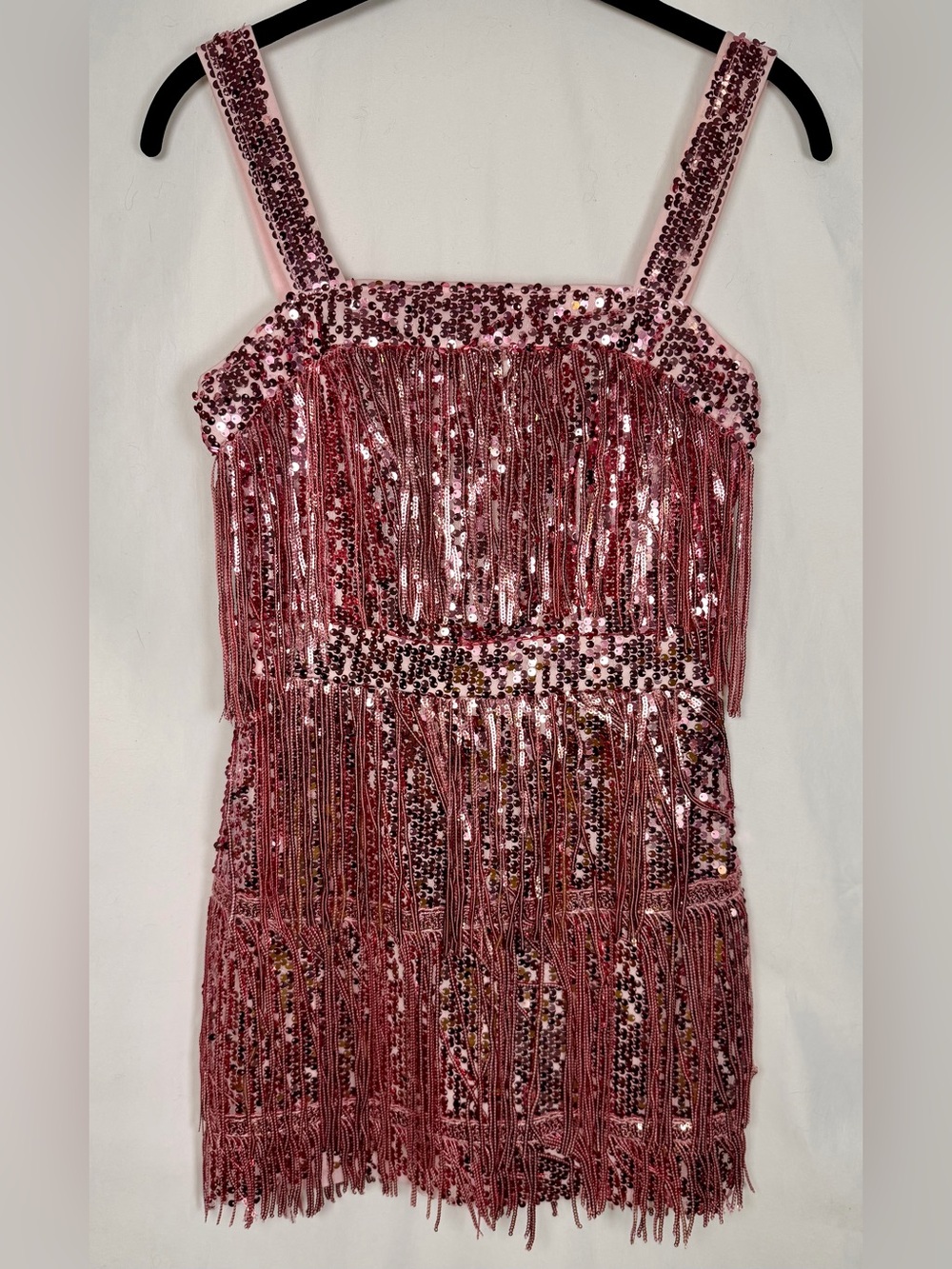 Pink Sequin Tassel Fringe Flapper Showgirl Disco Mini Dress XS